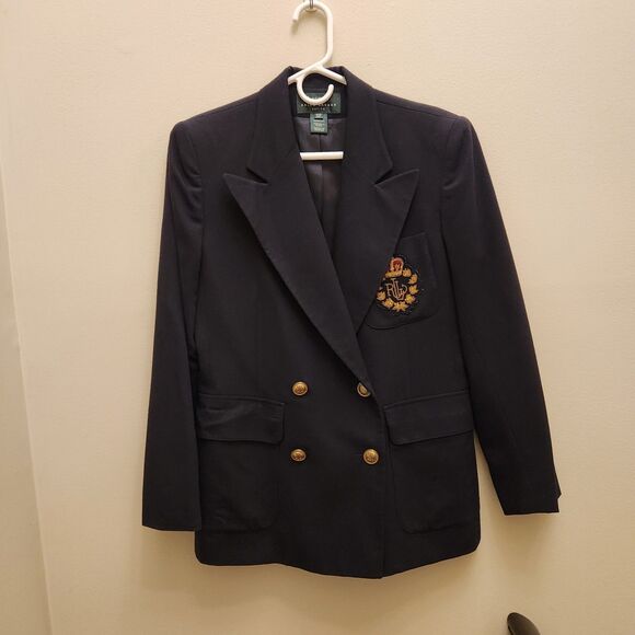 Vtg Ralph Lauren Worsted Wool Royal Crown Crest Navy Double-Breasted Blazer - Picture 2 of 15